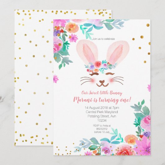 Invitation Lapin rose Floral Doux 1er anniversaire (Devant / Derrière)