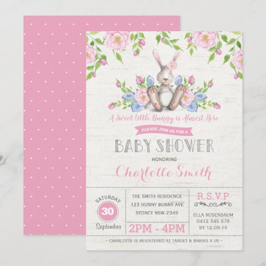 Invitation Lapin rose Floral Lapin Baby shower Fleur de Pâque (Devant / Derrière)