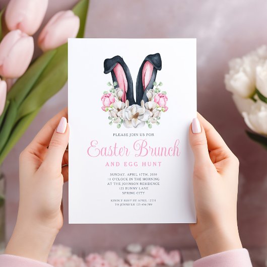 Invitation Lapin Rose Floral Oreilles Pâques Brunch