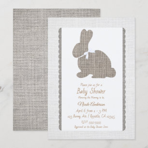 Invitation Lapin rustique en toile de jute grise blanche pour