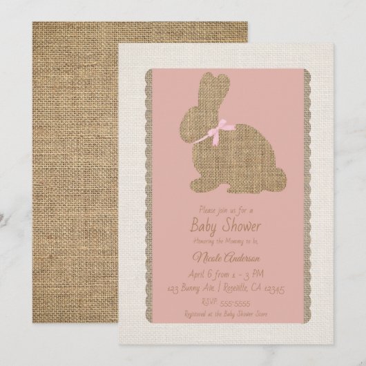 Invitation Lapin rustique rose et toile de jute Baby Shower d (Devant / Derrière)