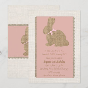 Invitation Lapin rustique rose et toile de jute Pâques 1er an