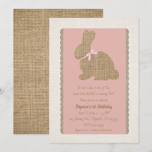 Invitation Lapin rustique rose et toile de jute pour 1er anni