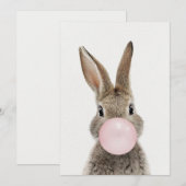 Invitation Lapin soufflant un bubble gum rose (Devant / Derrière)