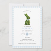 Invitation Lapin topiaire mignon bleu Gingham Anniversaire (Devant)