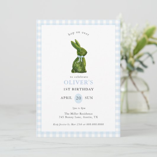 Invitation Lapin topiaire mignon bleu Gingham Anniversaire (Debout devant)