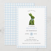 Invitation Lapin topiaire mignon bleu Gingham Anniversaire (Devant / Derrière)