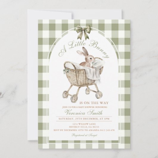 Invitation Lapin Vert Sage Fête de Naissance de Lapin (Devant)