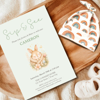Invitation Lapin Vert Sauge Genre Neutre Boire et Voir