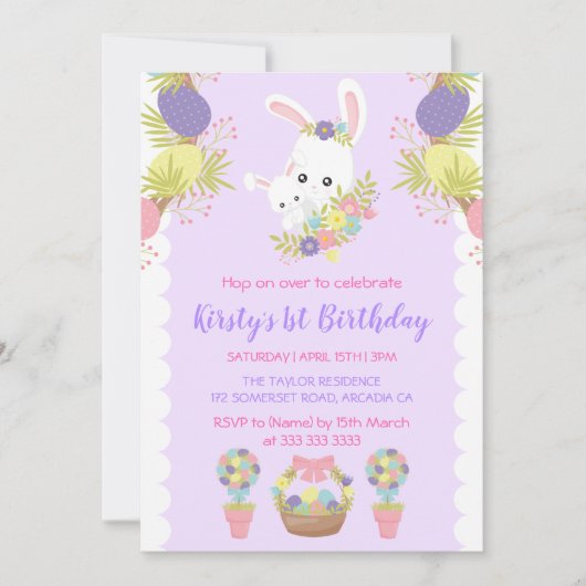 Invitation Lapins de Pâques Mignons Œufs Fleurs Fête d'annive (Devant)