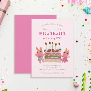 Invitation Lapins Sucrés Bébé Rose Premier Anniversaire