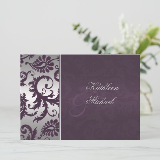 Invitation Lapis Purple et Silver Mariage damassé (Debout devant)