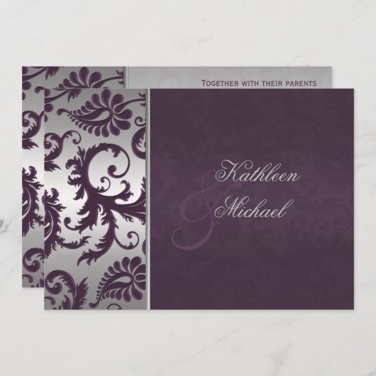 Invitation Lapis Purple et Silver Mariage damassé (Devant / Derrière)