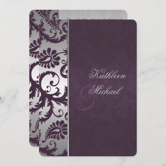 Invitation Lapis Purple et Silver Mariage damassé (Devant / Derrière)