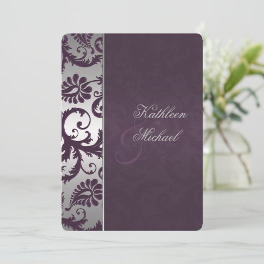 Invitation Lapis Purple et Silver Mariage damassé (Debout devant)