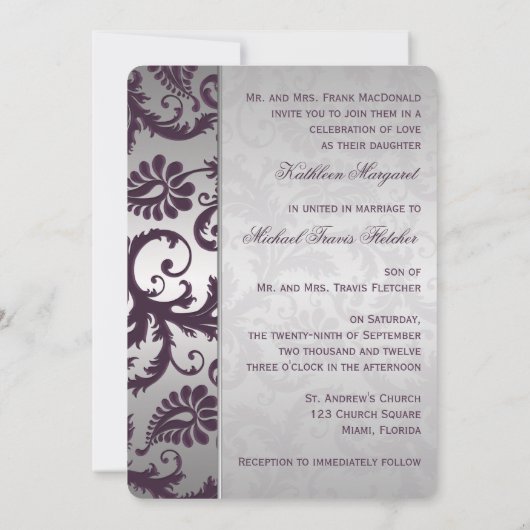 Invitation Lapis Purple et Silver Mariage damassé (Dos)