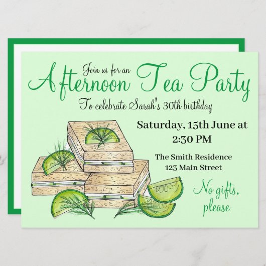 Invitation L'après-midi Tea Party Douche Concombre Sandwiches (Devant / Derrière)