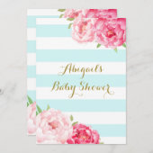 Invitation L'aquarelle bleu-clair de rayures fleurit le baby (Devant / Derrière)