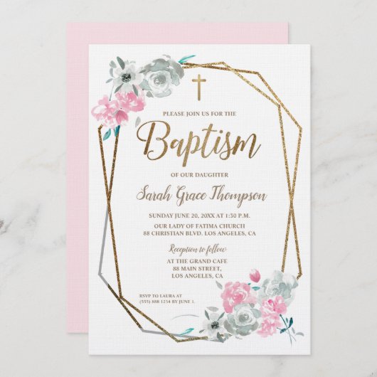 Invitation L'aquarelle de Boho fleurit le baptême de roses (Devant / Derrière)