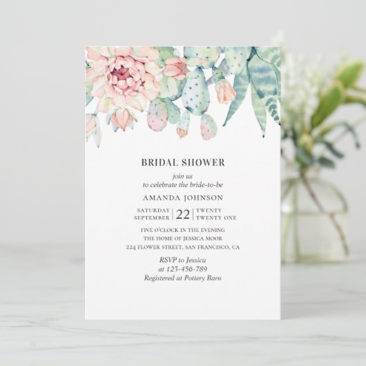 Invitation L'aquarelle succulente douche nuptiale. Cactus flo (Debout devant)