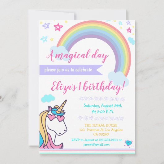 Invitation L'Arc-en-ciel magique Unicorn face aux filles ador (Devant)