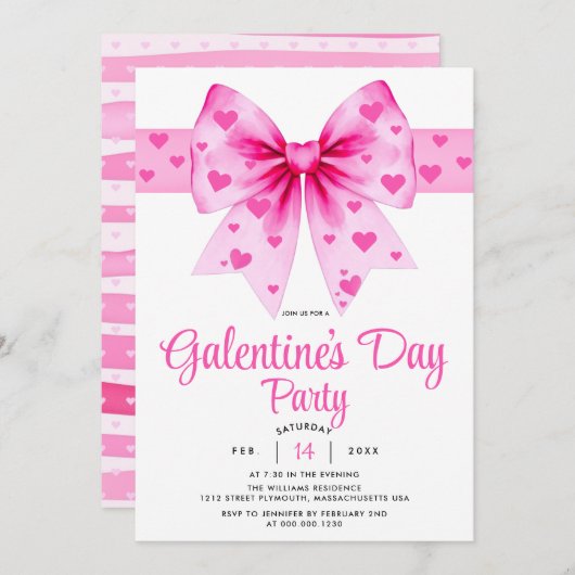 Invitation Large pink bow and hearts Galentine's Day party (Devant / Derrière)