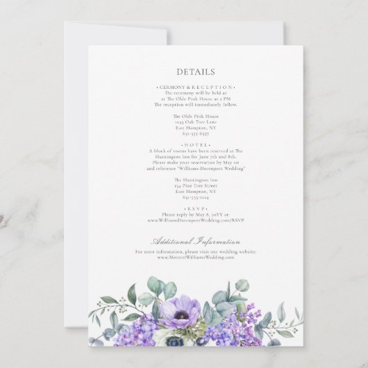 Invitation Larissa Élégant Mariage Floral Violet tout-en-un (Dos)