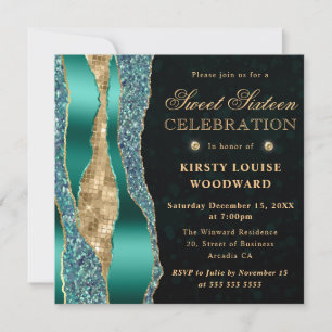 Invitation Larmes de Glam Bleu-vert et Or Bokeh Sweet Sixteen