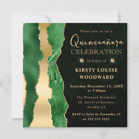 Invitation Larmes de glam vert et or Bokeh Quinceanera (Devant)