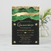 Invitation Larmes de glam vert et or Bokeh Quinceanera (Debout devant)