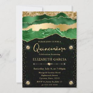 Invitation Larmes de glam vert et or Bokeh Quinceanera