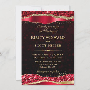 Invitation Larmes de glamour rouge et or Bokeh de mariage