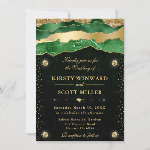 Invitation Larmes de glamour vert et or Bokeh de mariage
