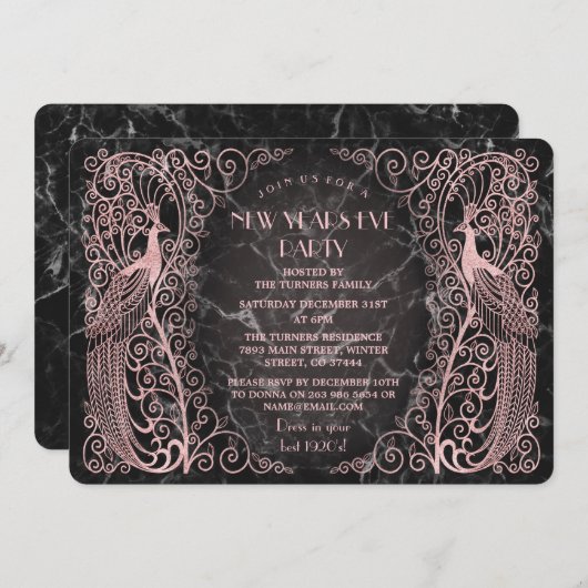 Invitation L'Art rose en marbre d'or Peacocks le réveillon du (Devant / Derrière)