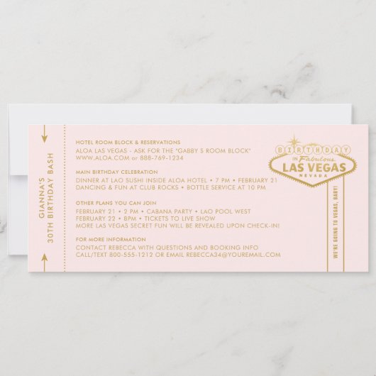 Invitation Las Vegas Anniversaire rose or Enregistrer le tick (Dos)