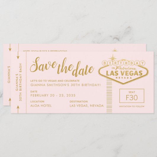Invitation Las Vegas Anniversaire rose or Enregistrer le tick (Devant / Derrière)
