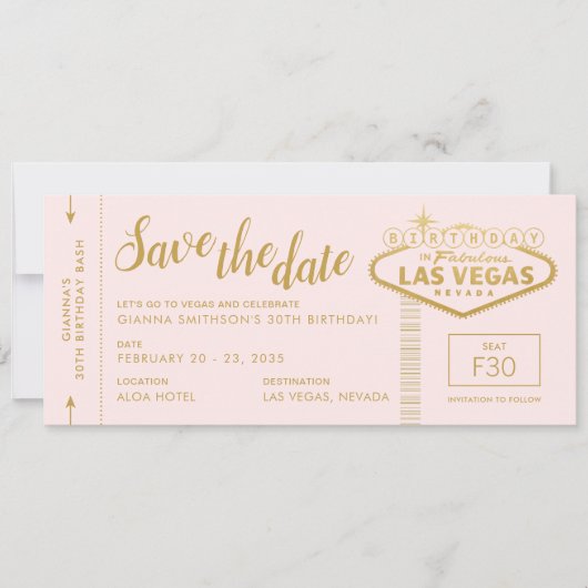 Invitation Las Vegas Anniversaire rose or Enregistrer le tick (Devant)