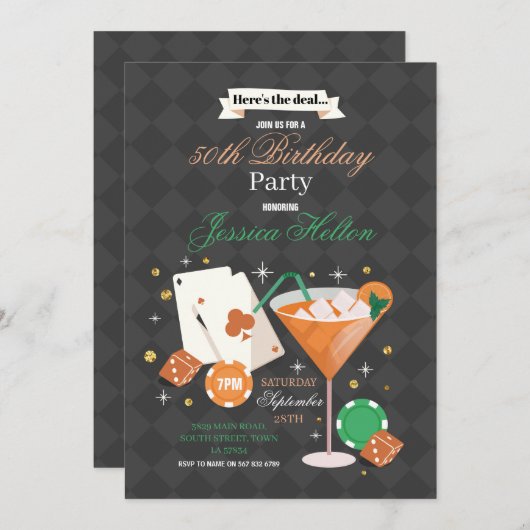 Invitation Las Vegas Birthday Casino Dice Chips Martini Party (Devant / Derrière)