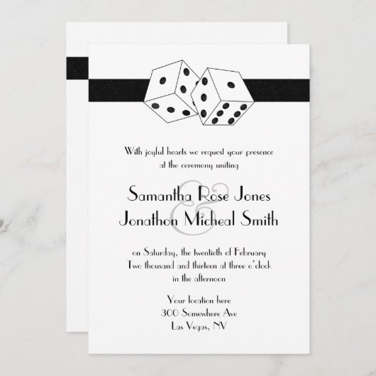 Invitation Las Vegas Mariage Dice thème blanc et noir (Devant / Derrière)