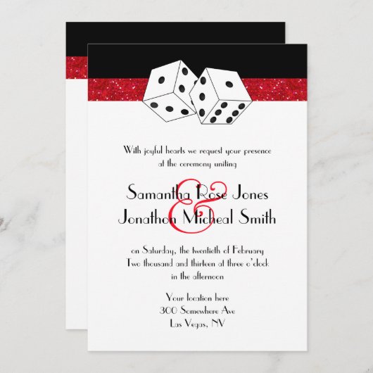 Invitation Las Vegas Mariage Dice Thème Ruby Red Faux Parties (Devant / Derrière)