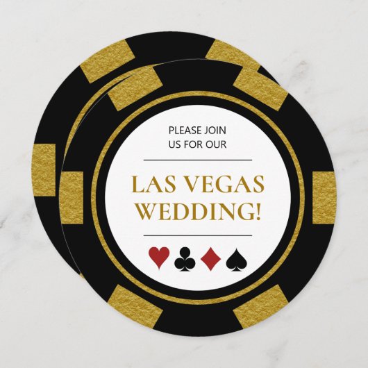 Invitation Las Vegas Mariage Poker Chip or noir blanc (Devant / Derrière)