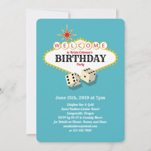 Invitation Las Vegas Marquee Anniversaire Party Aqua (Devant)