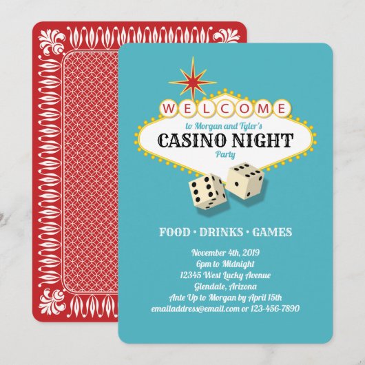 Invitation Las Vegas Marquee Casino Night Party Turquoise (Devant / Derrière)