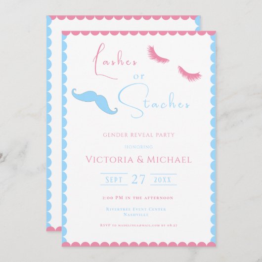 Invitation Lashes ou staches rose et bleu Révélation de genre (Devant / Derrière)