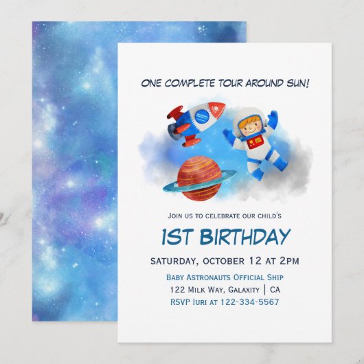 Invitation L'astronaute Baby Boy 1er anniversaire (Devant / Derrière)
