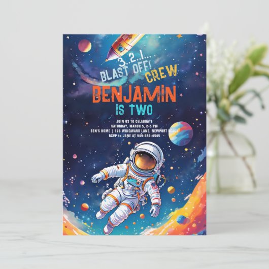 Invitation L'astronaute Deep Space Rocket Planètes Garçon Ann (Debout devant)