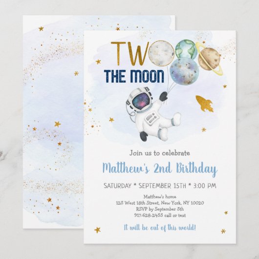 Invitation L'astronaute Espace Deux La Lune Anniversaire (Devant / Derrière)