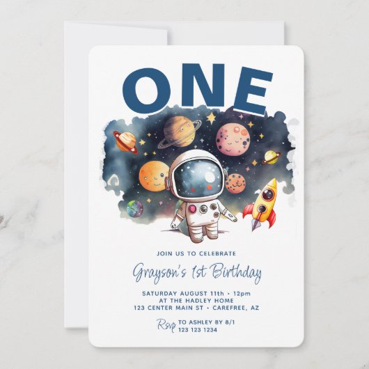 Invitation L'astronaute Planètes spatiales garçon 1er anniver (Devant)