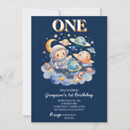 Invitation L'astronaute Planètes spatiales garçon 1er anniver (Devant)