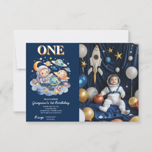 Invitation L'astronaute Planètes spatiales garçon 1er anniver (Devant)